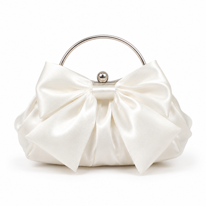 SHEIN Women’s Ivory Satin Bow Mini Handbag – Elegant Metal Handle Evening Bag, SHEIN Fast Delivery in 5 Days