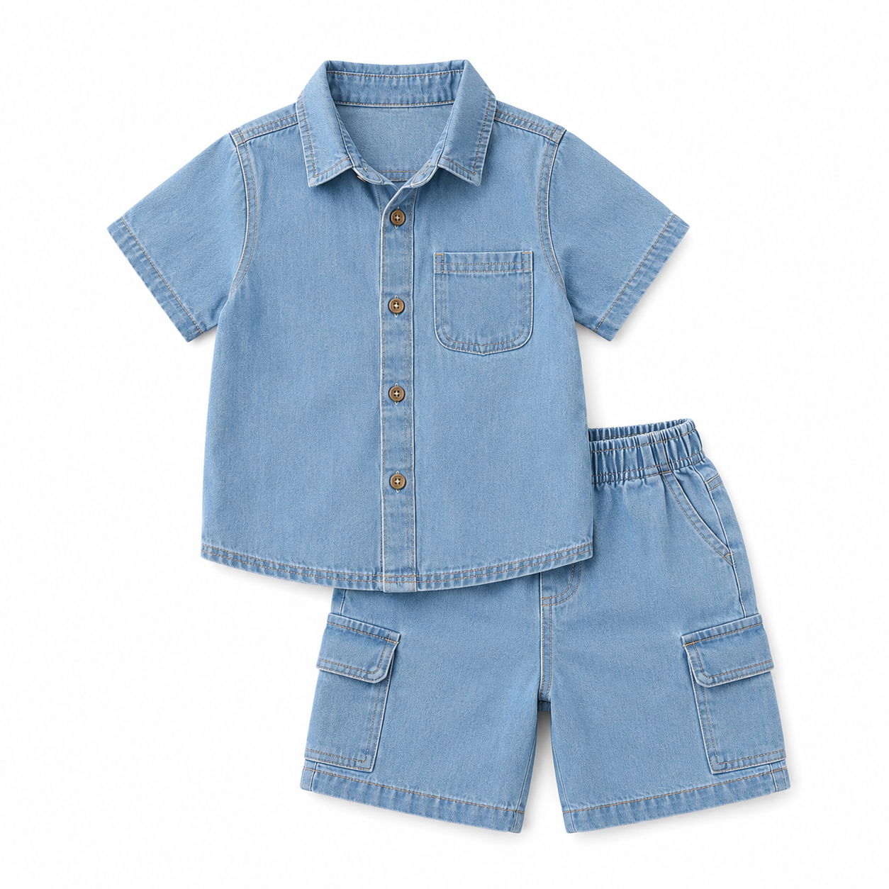 SHEIN Boys Light Blue Denim 2 Piece Set – Short Sleeve Shirt & Cargo Shorts, SHEIN Fast Delivery in 5 Days