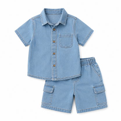 SHEIN Boys Light Blue Denim 2 Piece Set – Short Sleeve Shirt & Cargo Shorts, SHEIN Fast Delivery in 5 Days