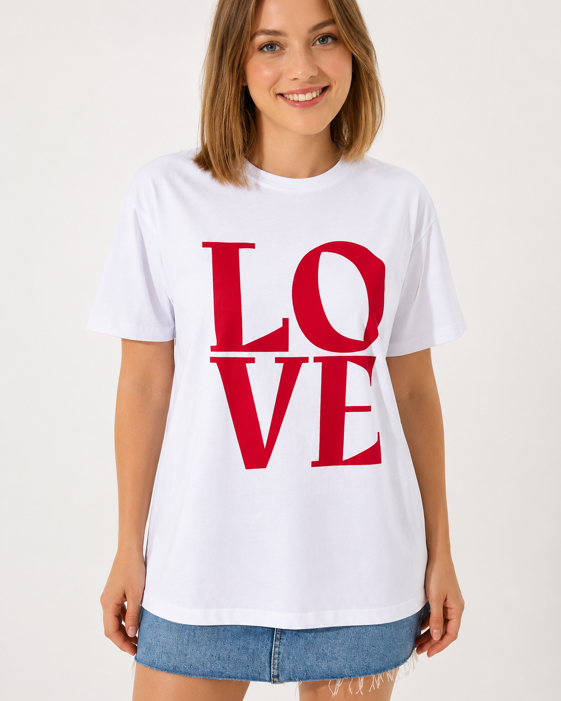 Women’s White Love Print Cotton T-Shirt, Casual Short Sleeve Graphic Top