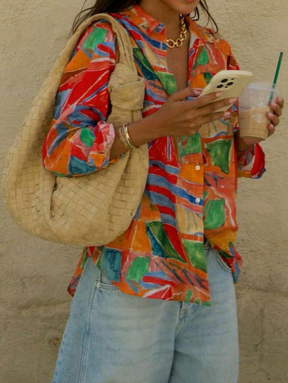 Colorful Tropical Print Button-Up Shirt for Women