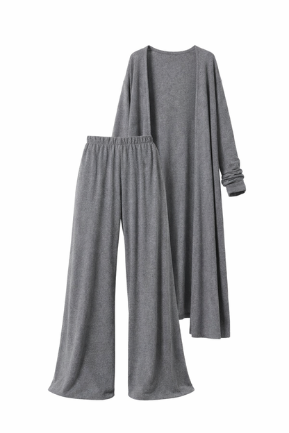 Women’s Grey Wide Leg Lounge Pants with Long Open Cardigan Set – Soft Relaxed Two Piece Outfit