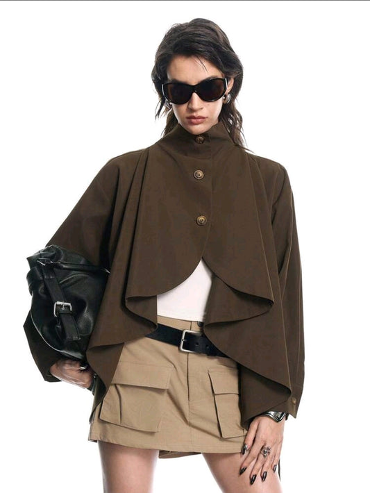 Brown Asymmetric Trench Jacket – Wavy Hem High Neck Women Utility Coat