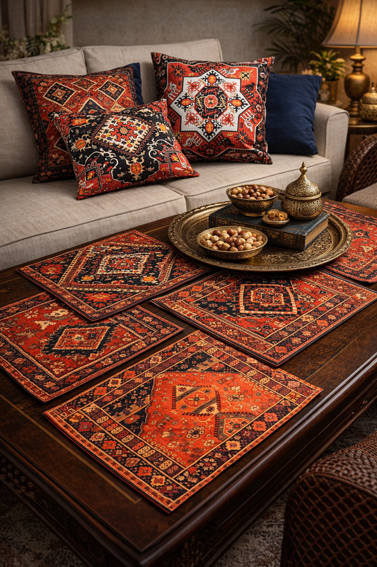 Bohemian Oriental Cushion Covers & Table Mats Set – Red Ethnic Pattern Home Decor