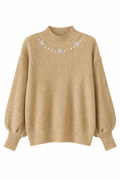 Women’s Ribbed Knit Sweater with Crystal Floral Neckline – Elegant Puff Sleeve Winter Pullover – Beige, Red & Brown