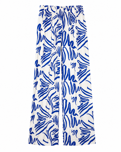 Women’s Blue White Printed Wide Leg Pants, Elastic Waist Summer Trousers