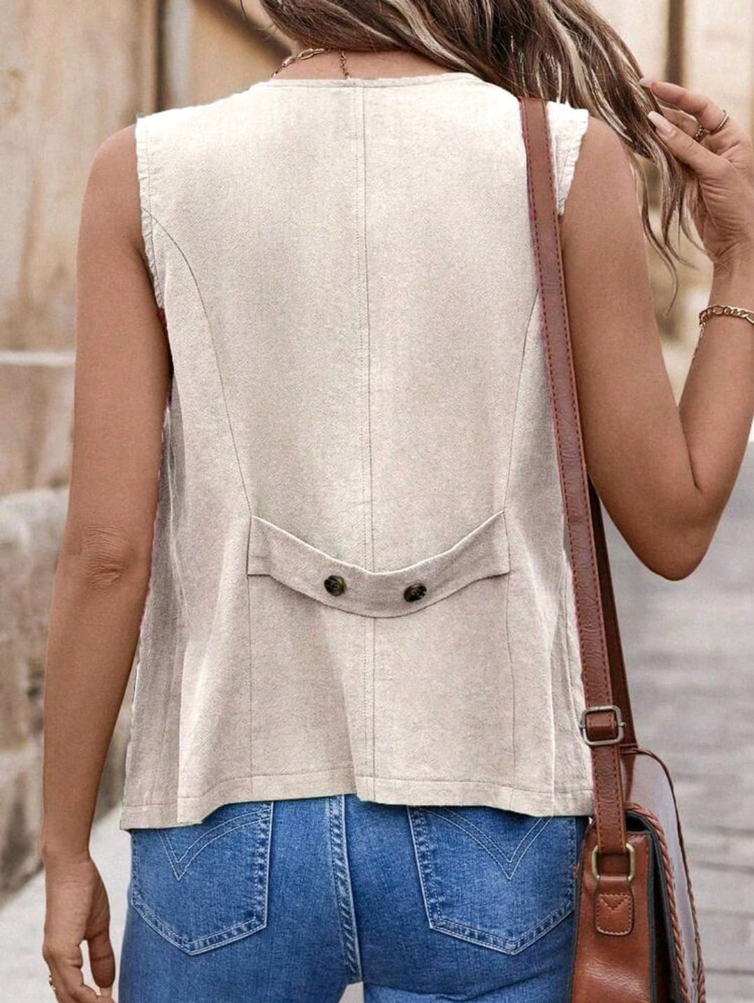 SHEIN Women Beige Cotton Button Vest
