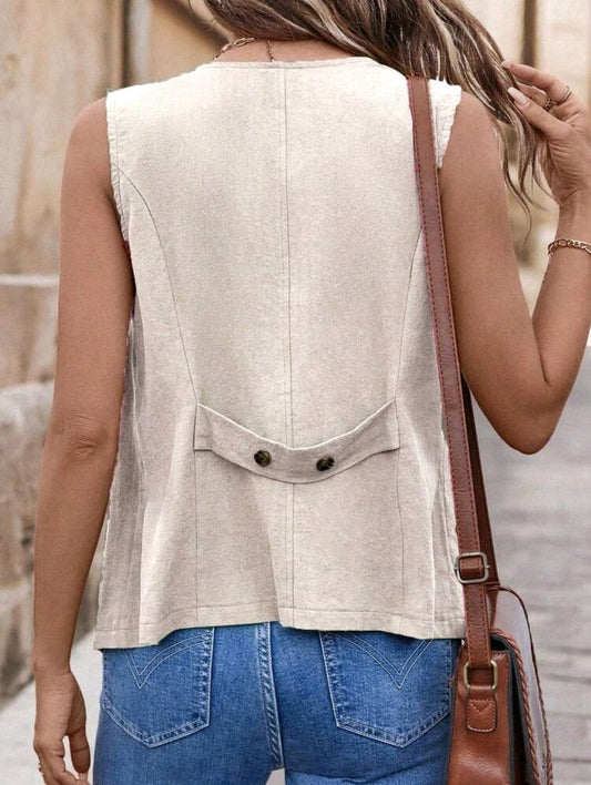 SHEIN Women Beige Cotton Button Vest