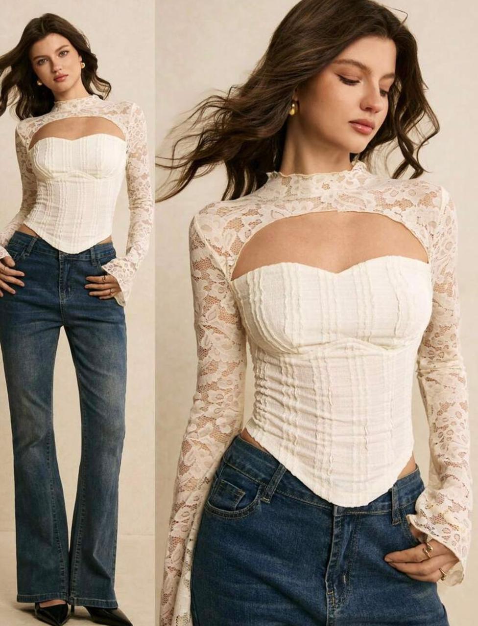 SHEIN Fast Delivery Ivory Lace Cutout Corset Top