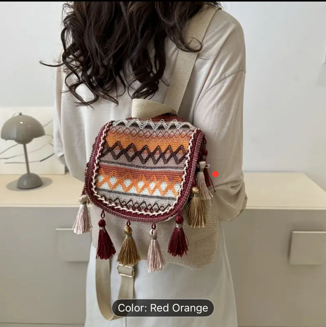 Boho Embroidered Mini Backpack with Tassels, Red Orange Canvas Travel Bag