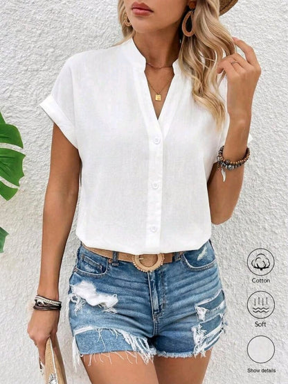 SHEIN Women White Short Sleeve Button Blouse