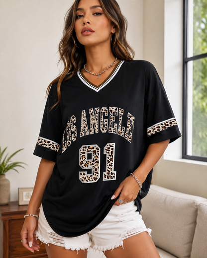 Women’s Black Los Angeles 91 Jersey T-Shirt – Oversized V Neck Casual Top