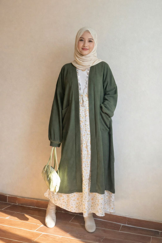 Olive Green Long Open Front Pocket Cardigan – Modest Oversized Casual Maxi Cover Up for Women
