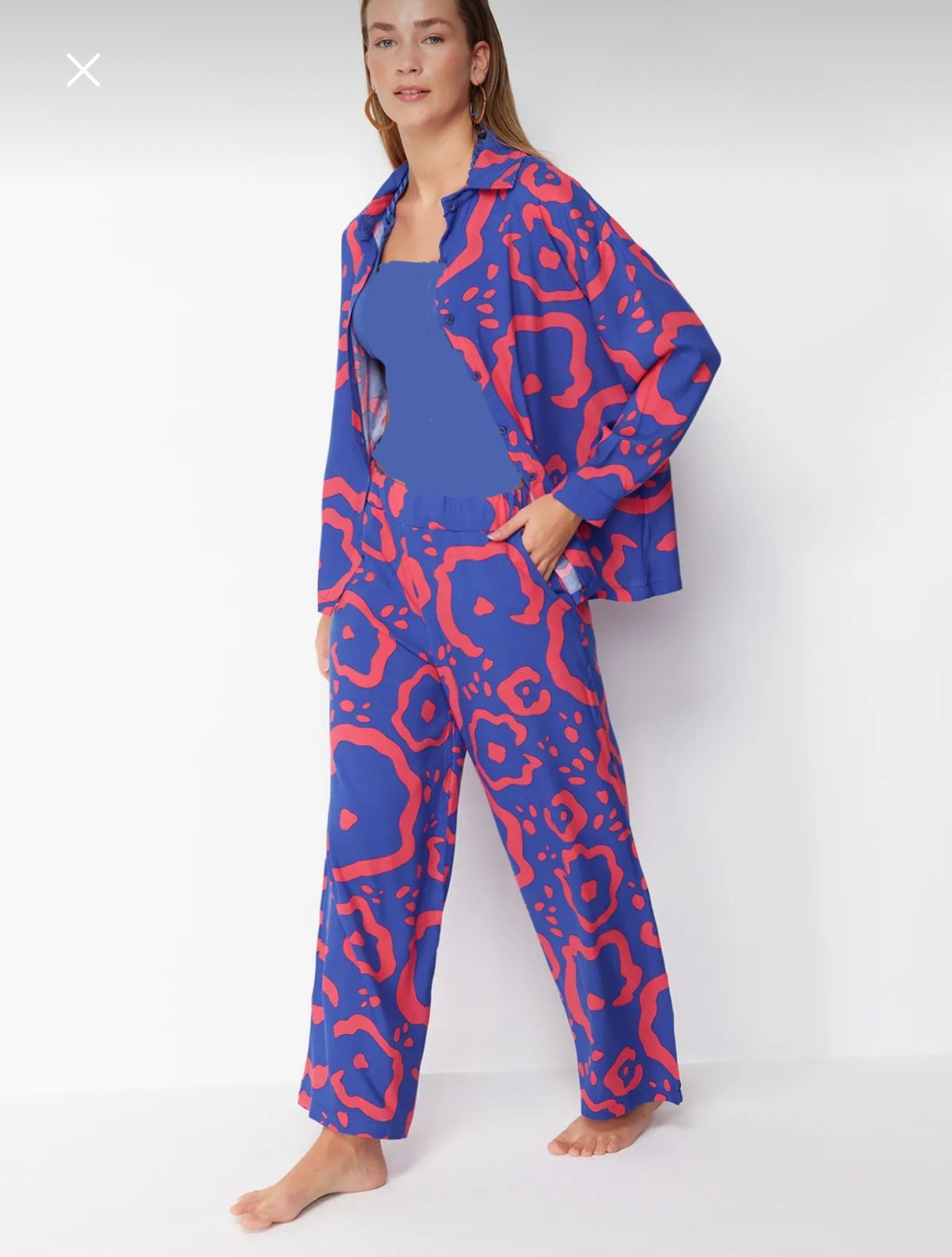 Women’s Turkish Viscose Blue Abstract Three Piece Set – Open Shirt, Bandeau Top and Wide Leg Pants