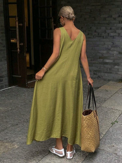 Olive Green Twist Neck Maxi Dress for Women – Casual Summer Loose Fit Dress