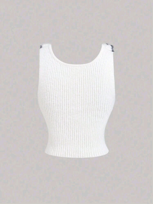 White Ribbed Knit Tank Top with Black Trim Flower Detail