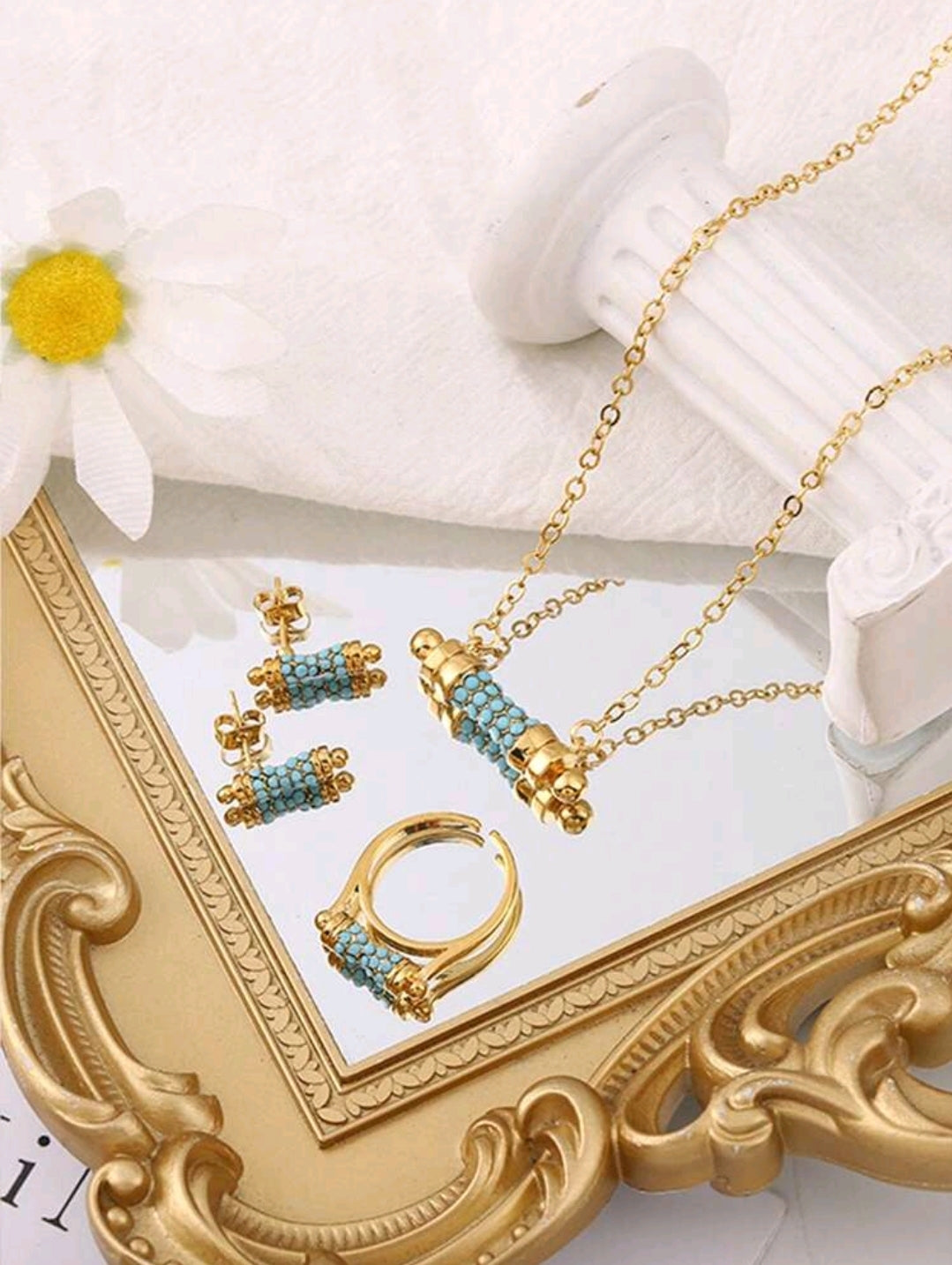 Gold Turquoise Jewelry Set – Necklace, Stud Earrings and Adjustable Ring