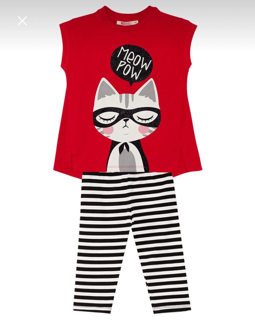 Girls Red Cat Print Sleeveless Top and Striped Leggings Set