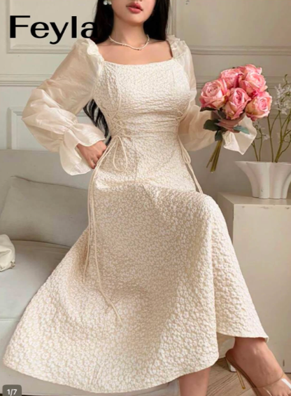 Feyla Women’s Cream Floral Square-Neck Midi Dress