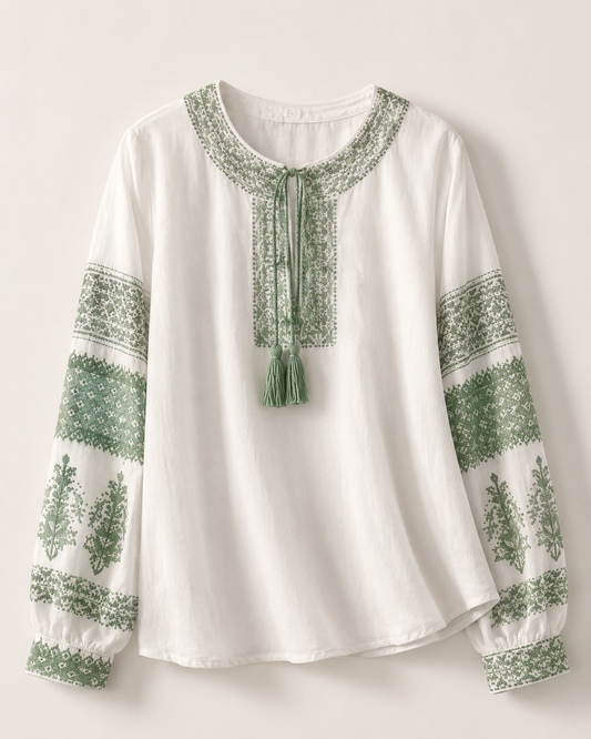 Women’s White Embroidered Tassel Neck Blouse