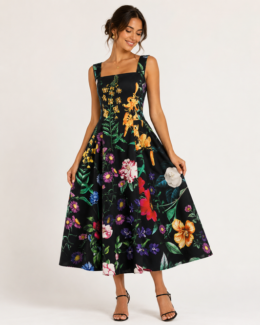 Women Black Floral Print Sleeveless Midi Dress