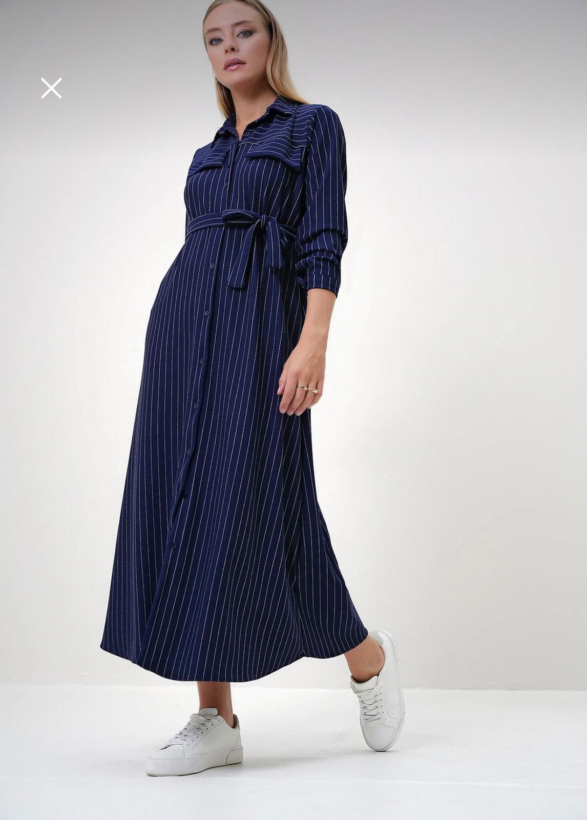 Navy Blue Striped Belted Shirt Maxi Dress – Long Sleeve Button Front Casual Elegant Dress for Women