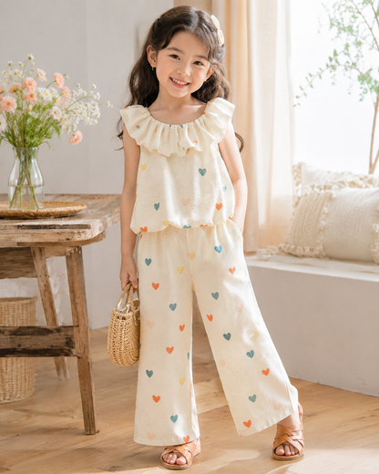 Girls’ Cream Heart Print Two Piece Set – Ruffle Collar Top and Wide Leg Pants