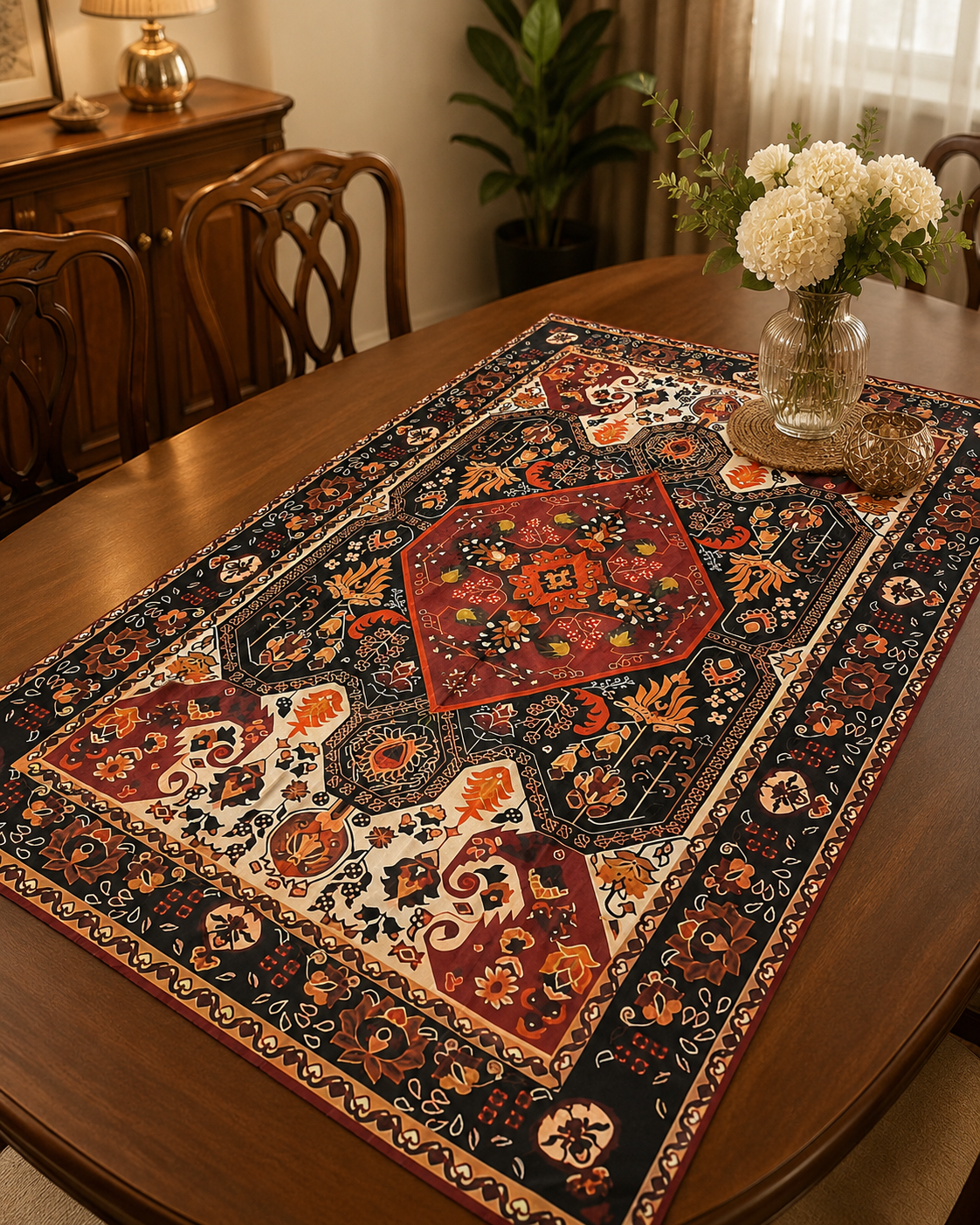 Bohemian Red Black Floral Geometric Table Cover 90 x 140 cm