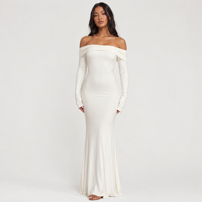 SHEIN Women’s Ivory Off Shoulder Mermaid Dress – Long Sleeve Elegant Maxi Dress, SHEIN Fast Delivery in 5 Days