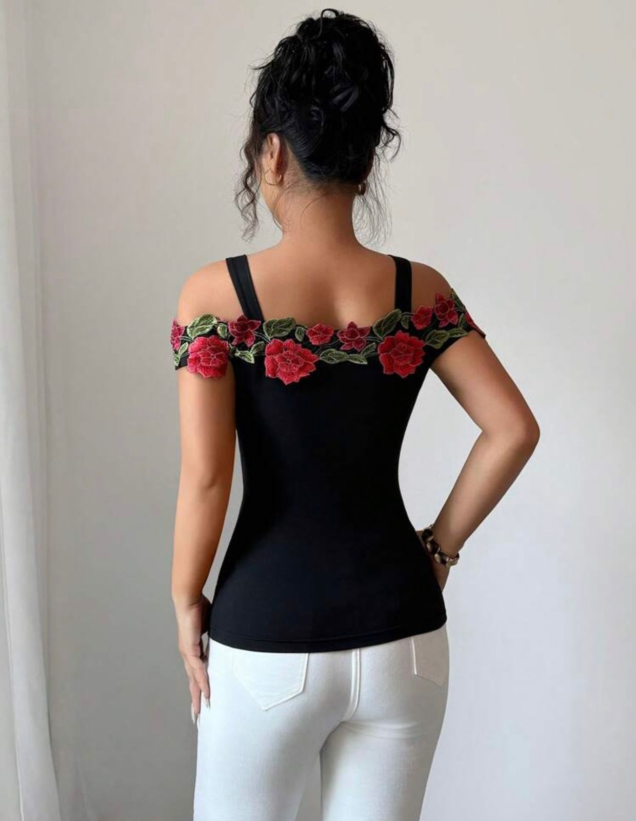 Black Floral Embroidered Off-Shoulder Top – SHEIN Fast Delivery in 5 Days