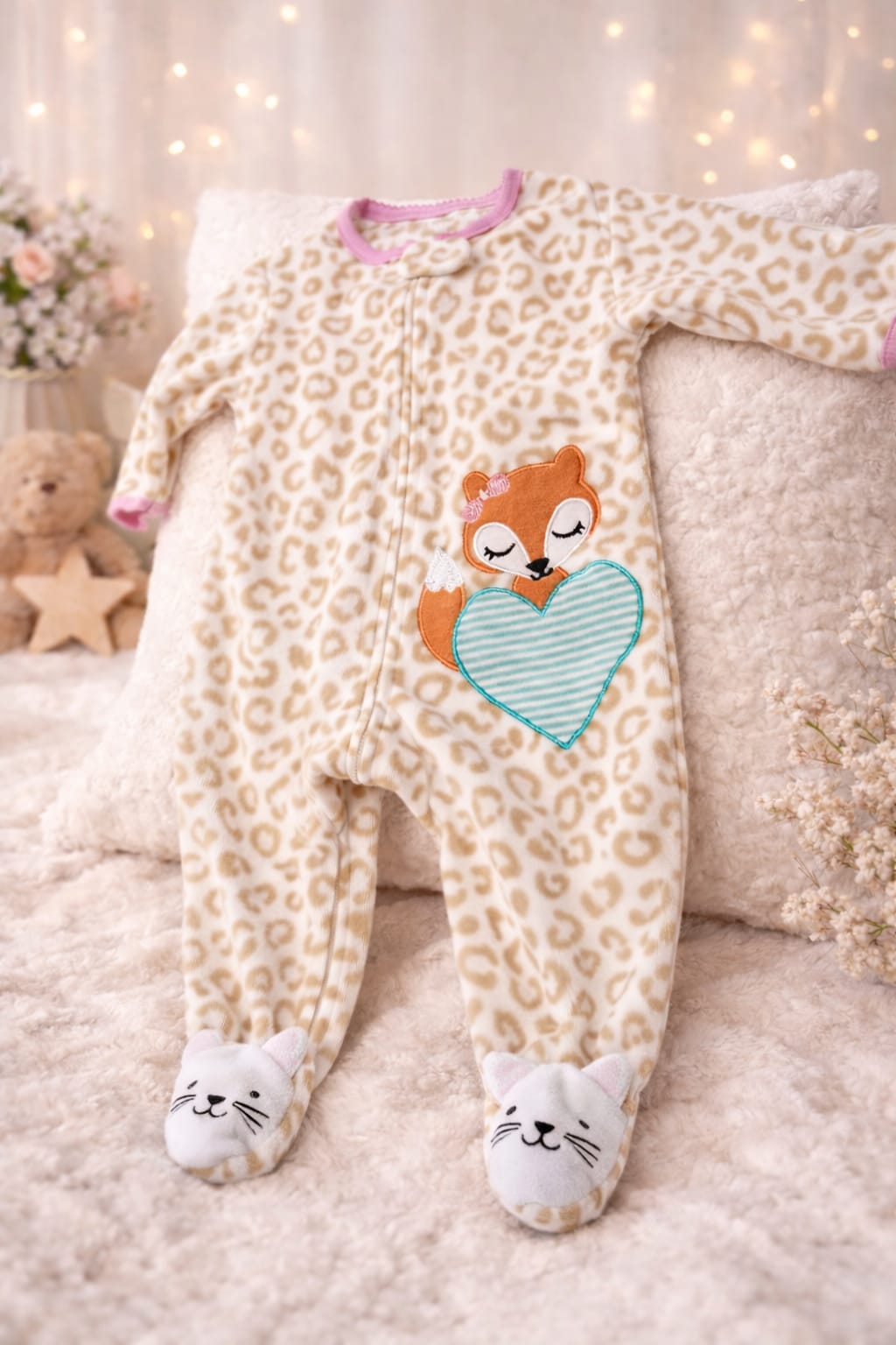 Baby Leopard Fox Fleece Romper – Winter One Piece with Foot Cover