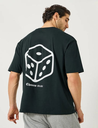 Men’s oil Dice Back Print Cotton T-Shirt, Oversized Short Sleeve Casual Streetwear Top