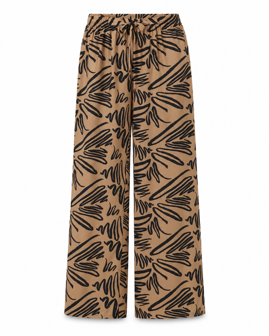 Women’s Trendyol Beige Abstract Print Wide Leg Pants – Viscose Drawstring Palazzo Pants