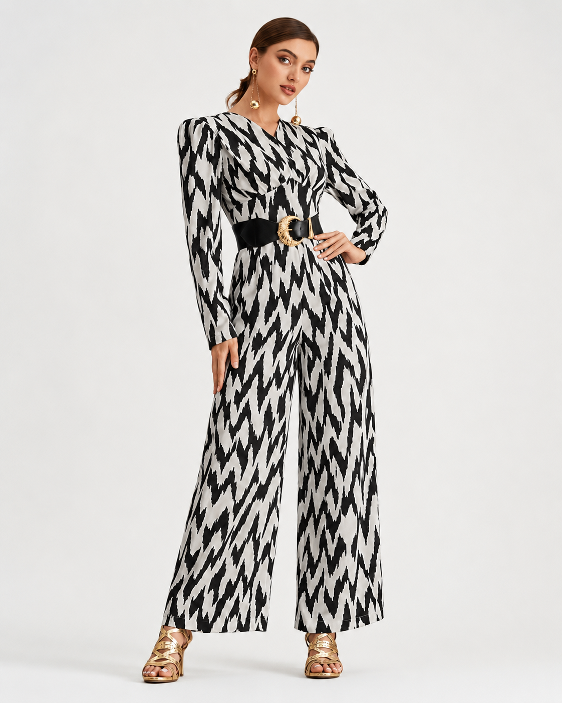 Monochrome Zigzag Wide Leg Jumpsuit for Women