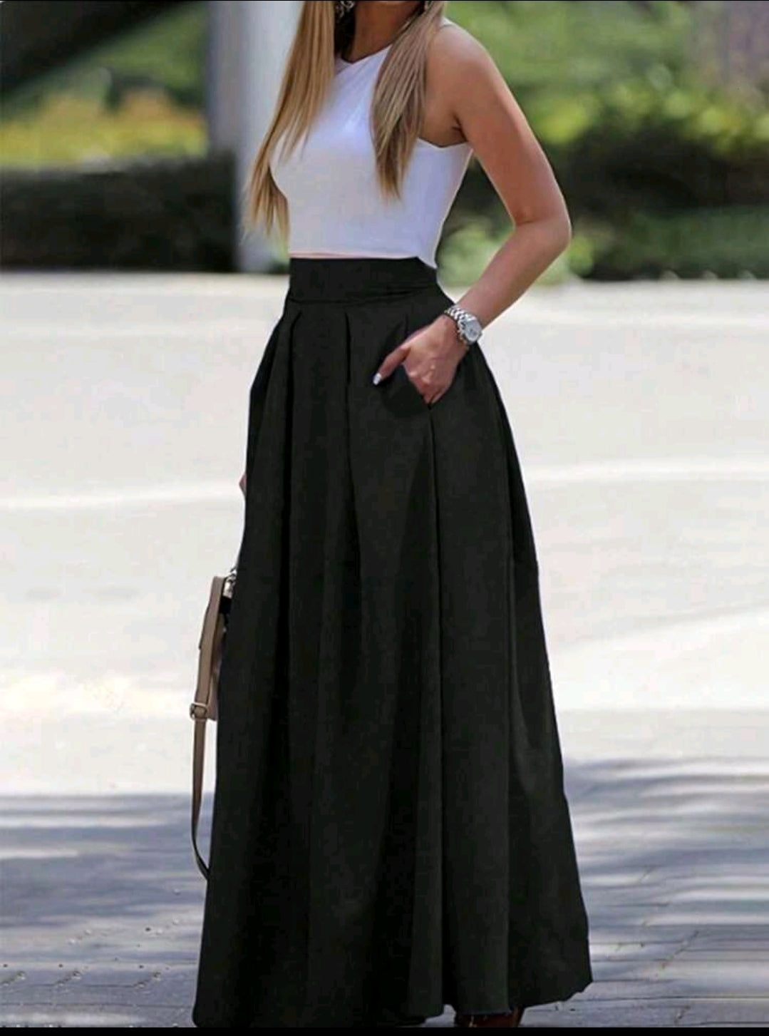 Women's High Waist Flared Maxi Skirt – Elastic Waist – Flowing A-Line Long Skirt – Black