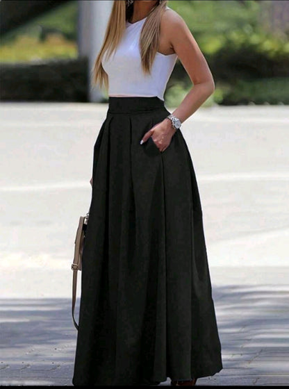 Women's High Waist Flared Maxi Skirt – Elastic Waist – Flowing A-Line Long Skirt – Black