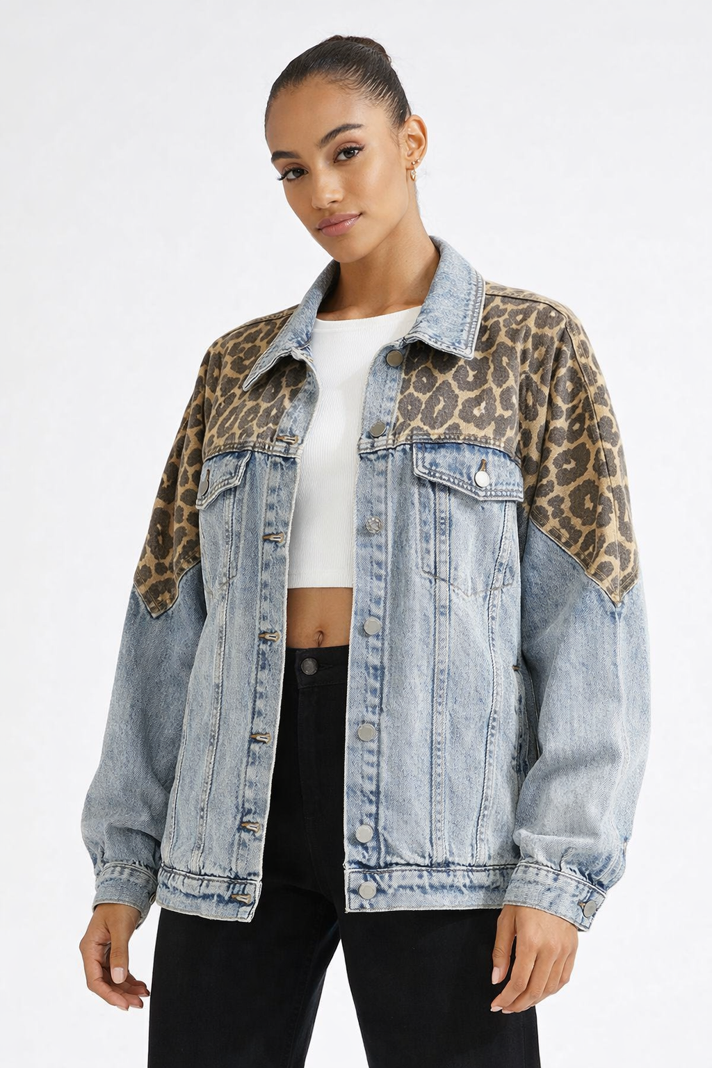 Leopard Print Panel Oversized Denim Jacket – Women’s Casual Statement Streetwear Jacket