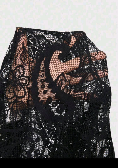 ROMWE Goth Black Sheer Lace Fringe Kimono Top for Women – Gothic Cover Up – Dramatic Festival Layering Piece