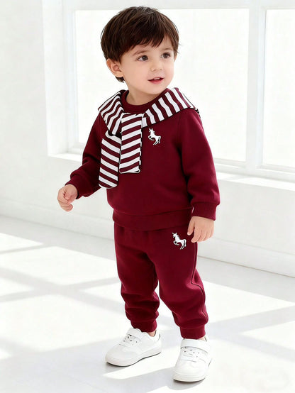 Toddler Boys 2-Piece Sweatshirt Set – Burgundy Deer Embroidery Striped Scarf Collar Tracksuit