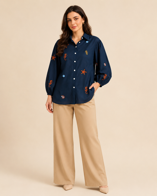Women’s Navy Embroidered Shirt – Long Sleeve Sea Motif Button-Up Blouse