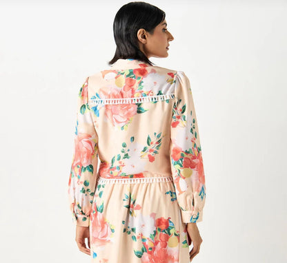 Women’s Floral Button Up Shirt – Peach Sheer Long Sleeve Tie Front Blouse