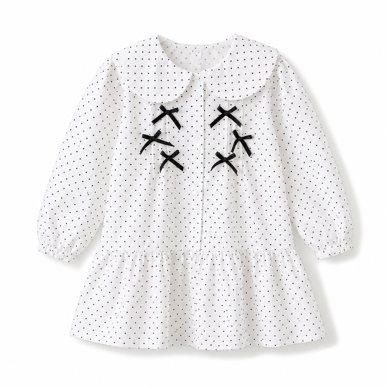 SHEIN Girls White Polka Dot Dress – Long Sleeve Bow Detail Casual Dress, SHEIN Fast Delivery in 5 Days
