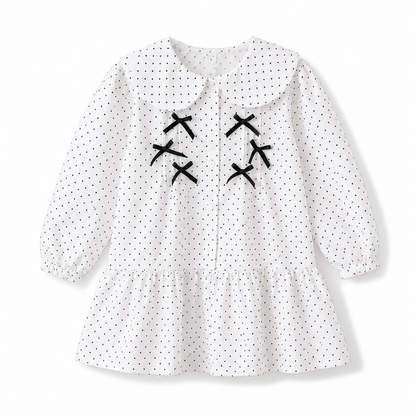 SHEIN Girls White Polka Dot Dress – Long Sleeve Bow Detail Casual Dress, SHEIN Fast Delivery in 5 Days