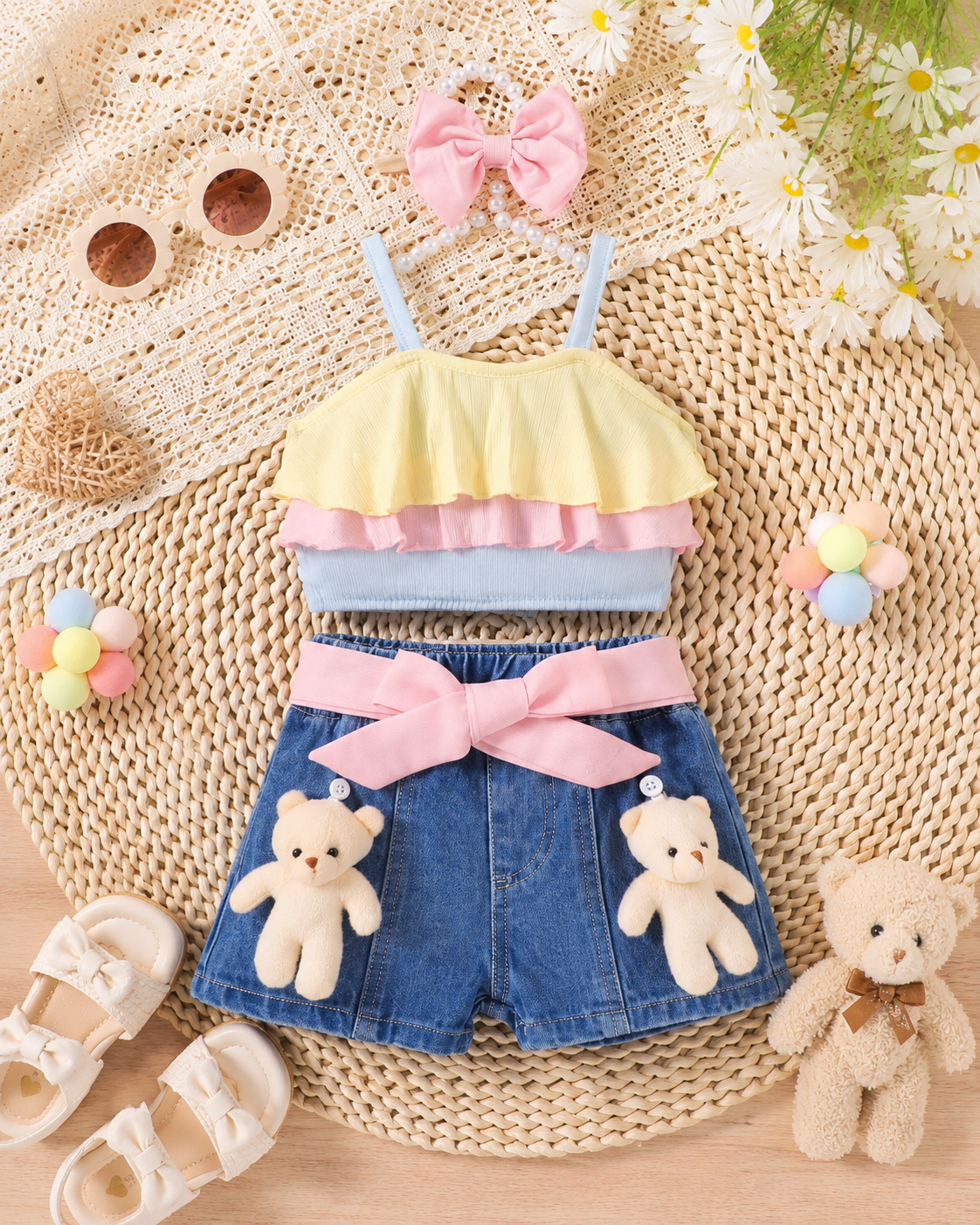 SHEIN Girls Ruffle Crop Top & Denim Shorts Set – 2 Piece Summer Kids Outfit, SHEIN Fast Delivery in 5 Days