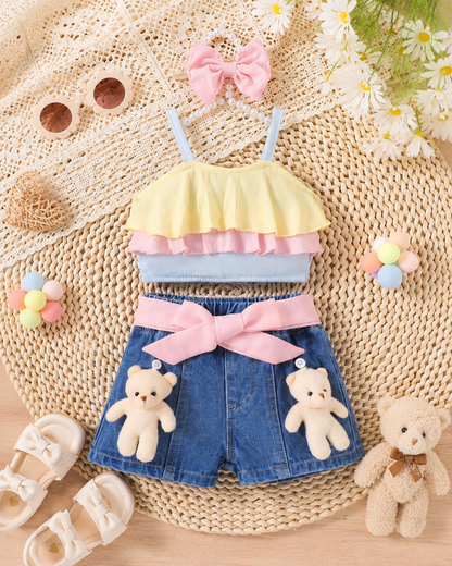 SHEIN Girls Ruffle Crop Top & Denim Shorts Set – 2 Piece Summer Kids Outfit, SHEIN Fast Delivery in 5 Days
