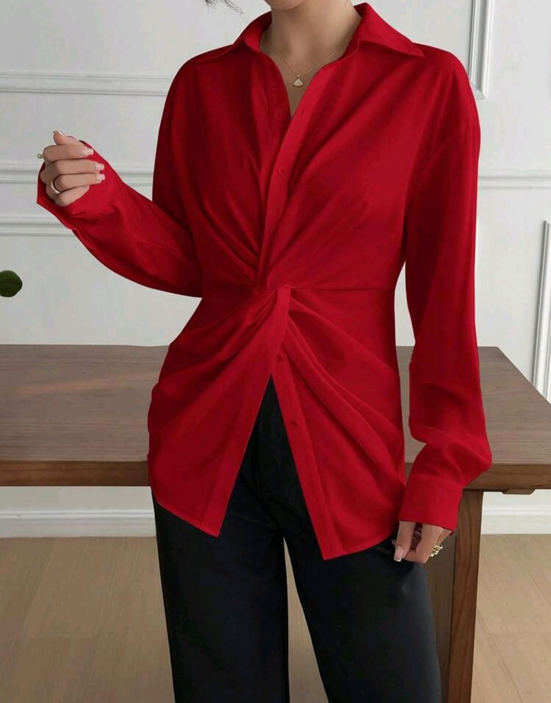SHEIN Women Red Twist Front Long Sleeve Blouse