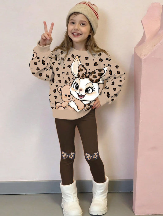 Girls Leopard Bunny Sweatshirt & Leggings Set