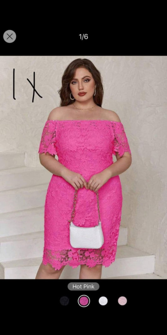 Hot Pink Off-Shoulder Lace Midi Dress