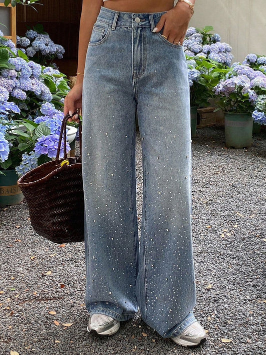 High Waist Wide Leg Rhinestone Denim Jeans