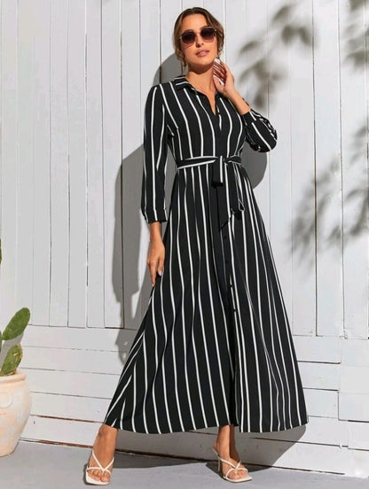 Women Striped Shirt Maxi Dress – Button Front Long Sleeve Casual Elegant Dress
